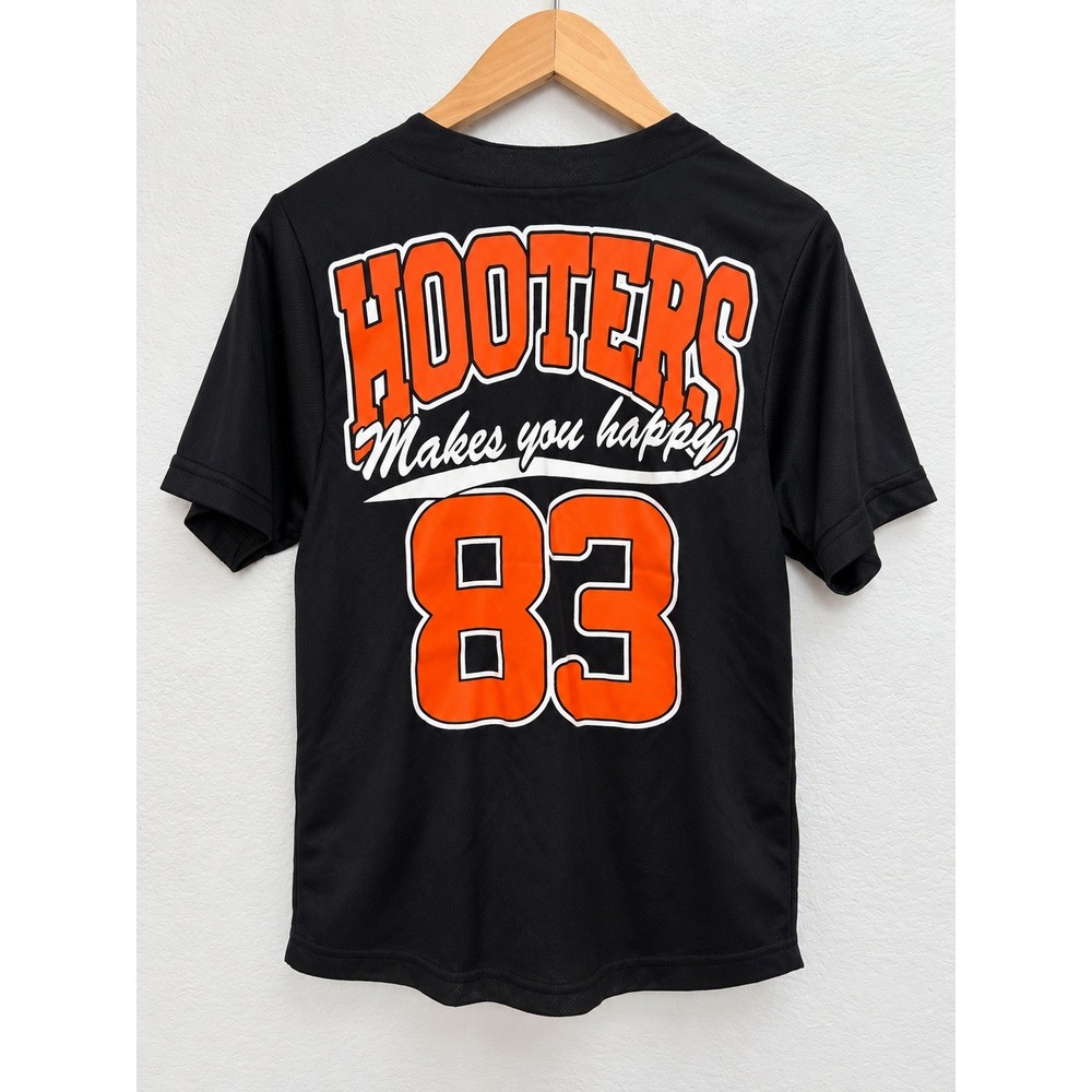 Hooters Black Mesh Baseball Jersey XS Button Up Shirt Graphic Makes You Happy 83